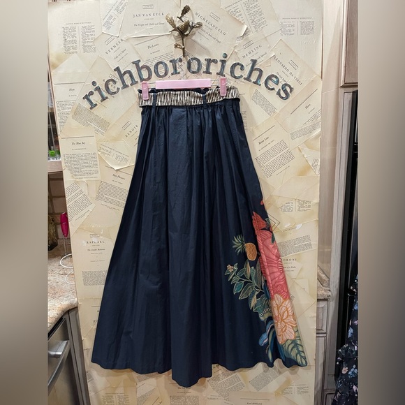 Anthropologie Farm Rio Tropical Maxi Skirt Floral Tie Bow Elastic  Blue Motif - Picture 7 of 8